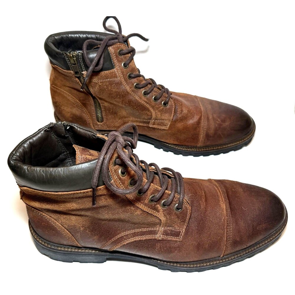 Flag Ltd Marsen Boots Mens 12M Brown Leather Cap Toe Lace Up Side Zip Lug Sole